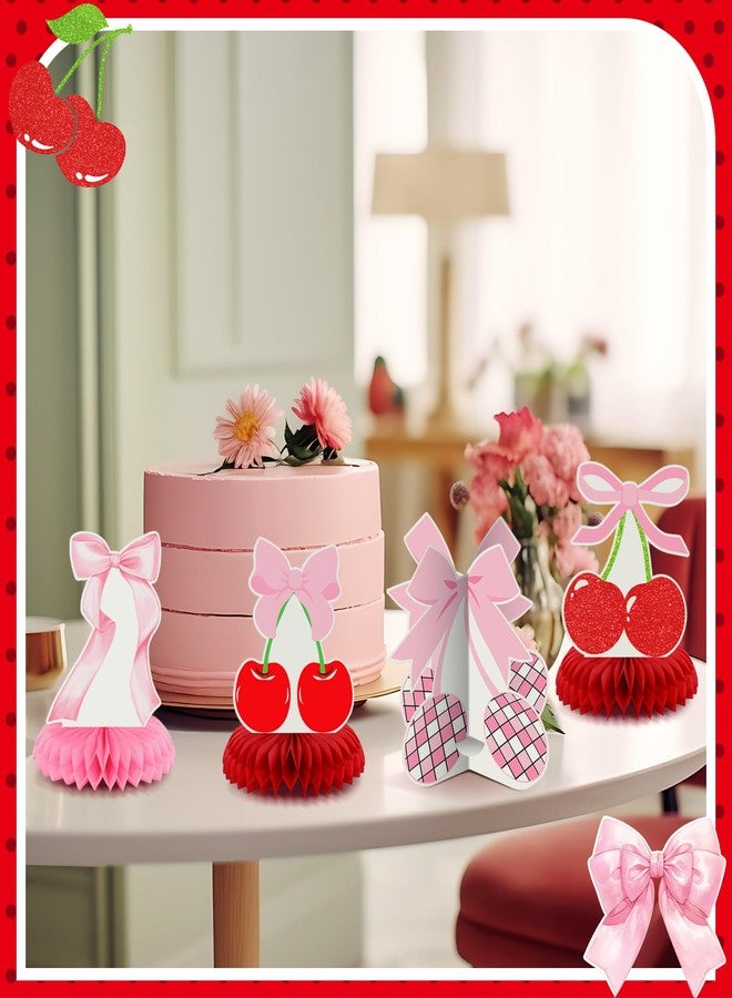 Weekgrat 12 Pcs Cherry Birthday Party Decoration She's the Cherry on Top Honeycomb Centerpiece 3D Red Pink Bow Table Decoration Table Topper for Women Bachelor Baby Shower Party Supplies - Image 5